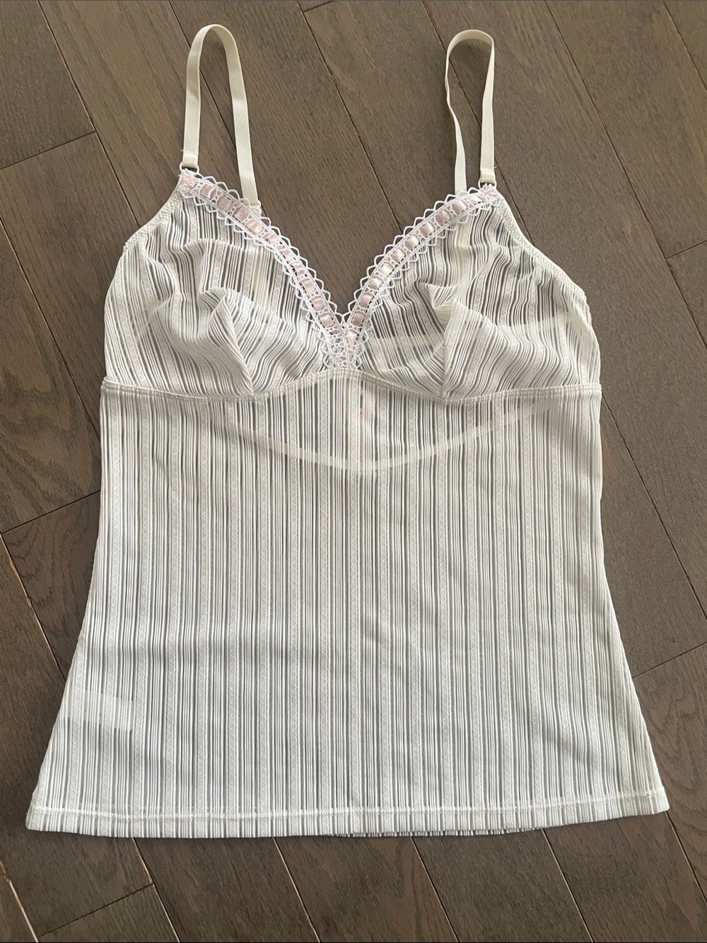 White Pink Lace Trim Sheer Striped Ribbed Camisole Cami Top M L